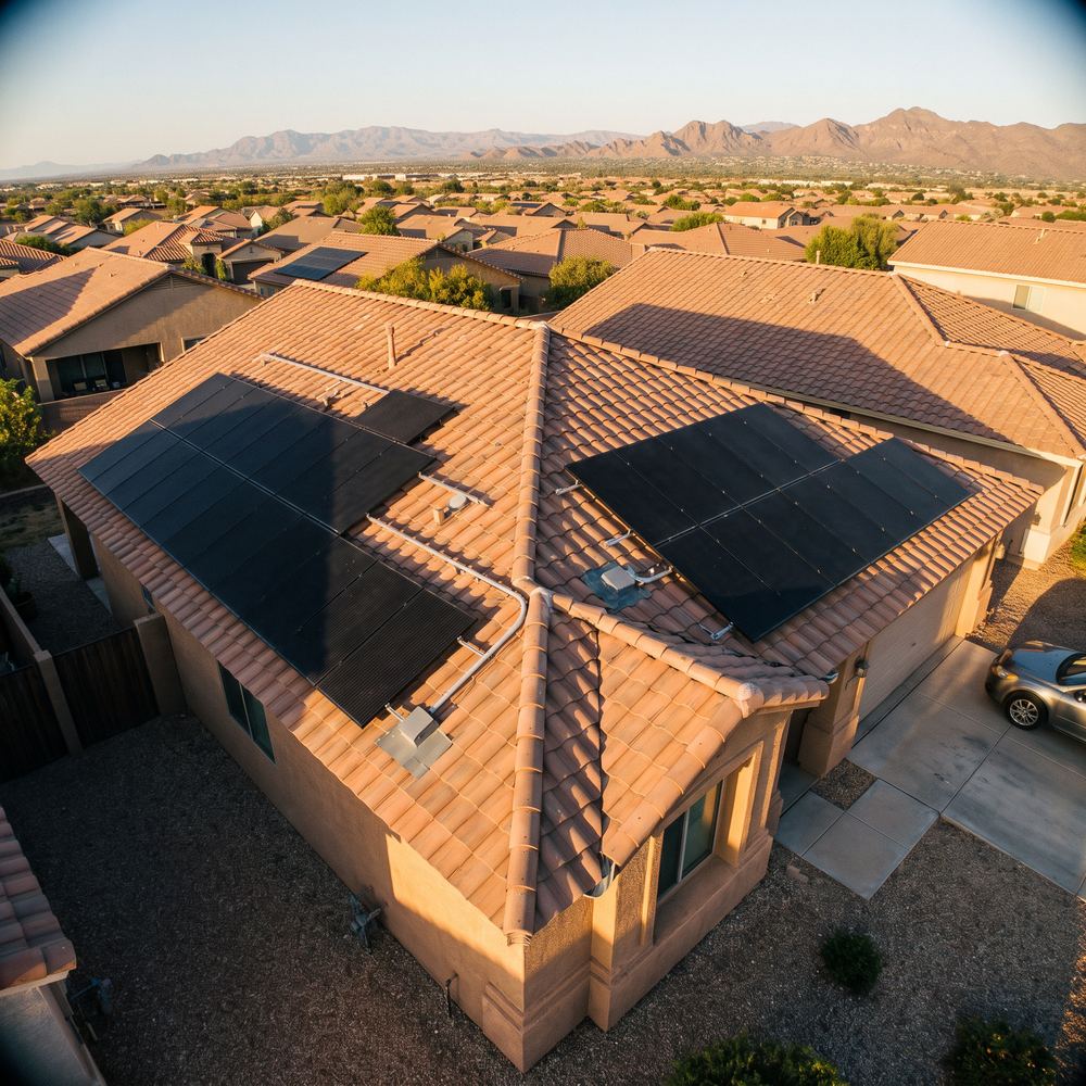 An aerial view looking down on a tile roof covered by a solar panel array