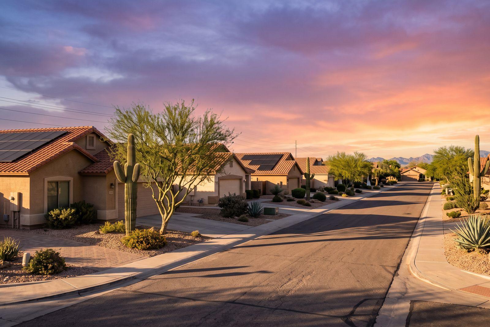 A quiet Arizona street of desert homes at golden hour, several with rooftop solar