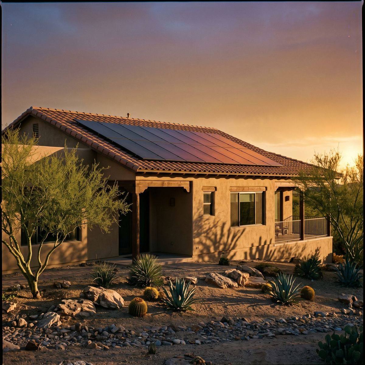 An Arizona desert home with rooftop solar panels catching the last of the evening sun