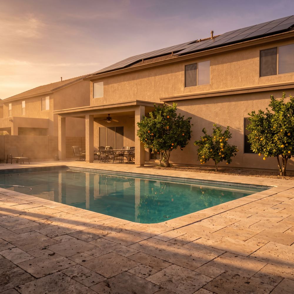 A two-story Arizona home seen from the backyard, with solar panels along the upper roofline and a pool in the foreground