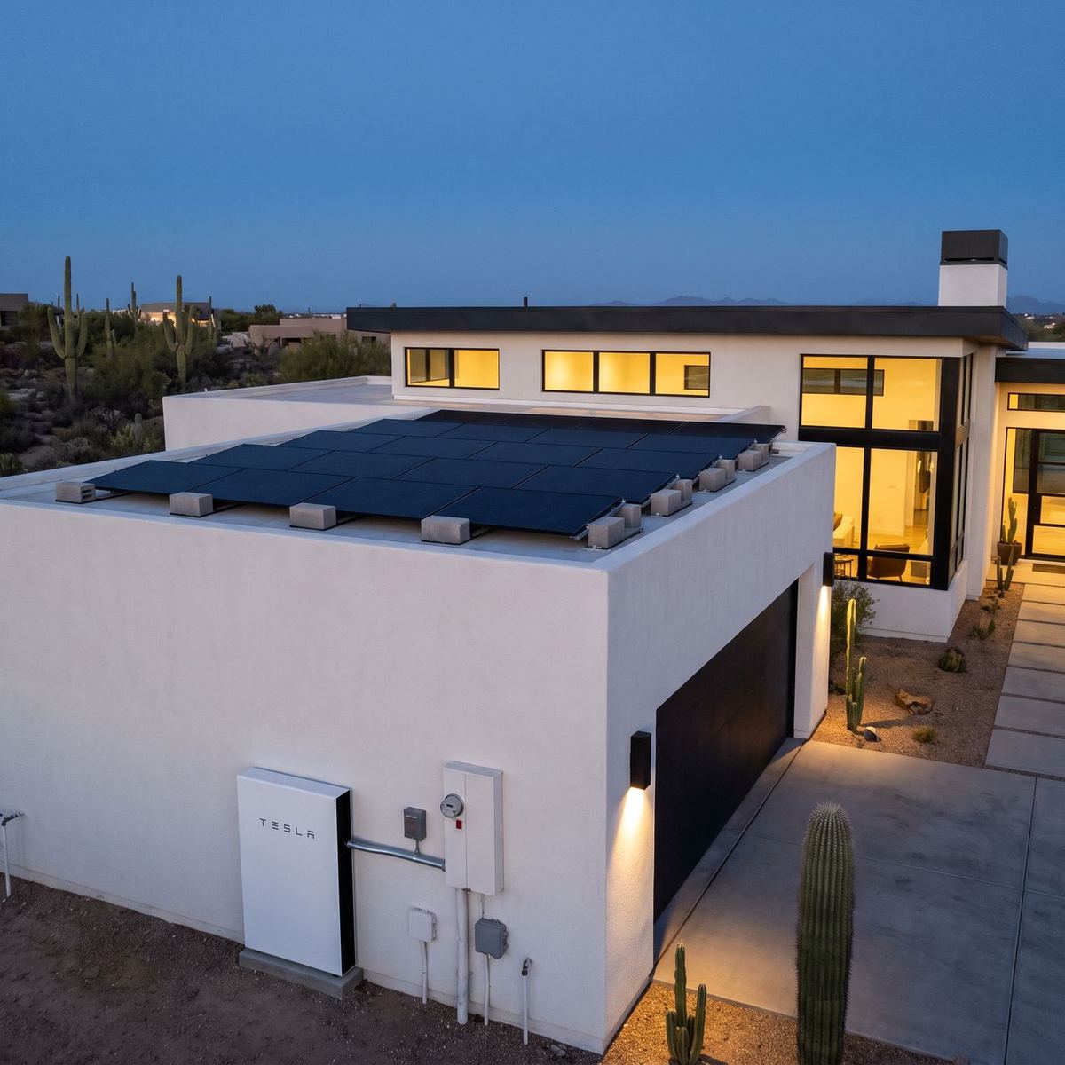 A modern Arizona home at dusk with a low-profile rooftop solar array and a wall-mounted home battery beside the garage